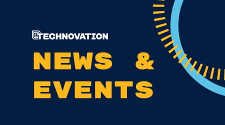 Technovation logo and text reading News and Events in yellow on a dark blue background