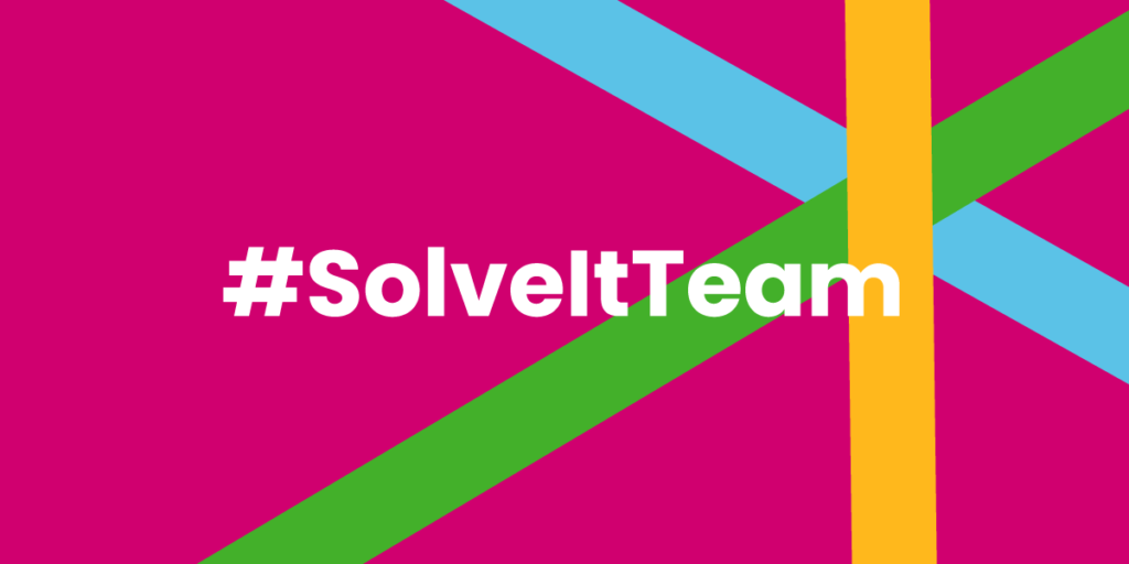 The words "#SolveItTeam" in white on a pink background with a multi-color graphic to the right