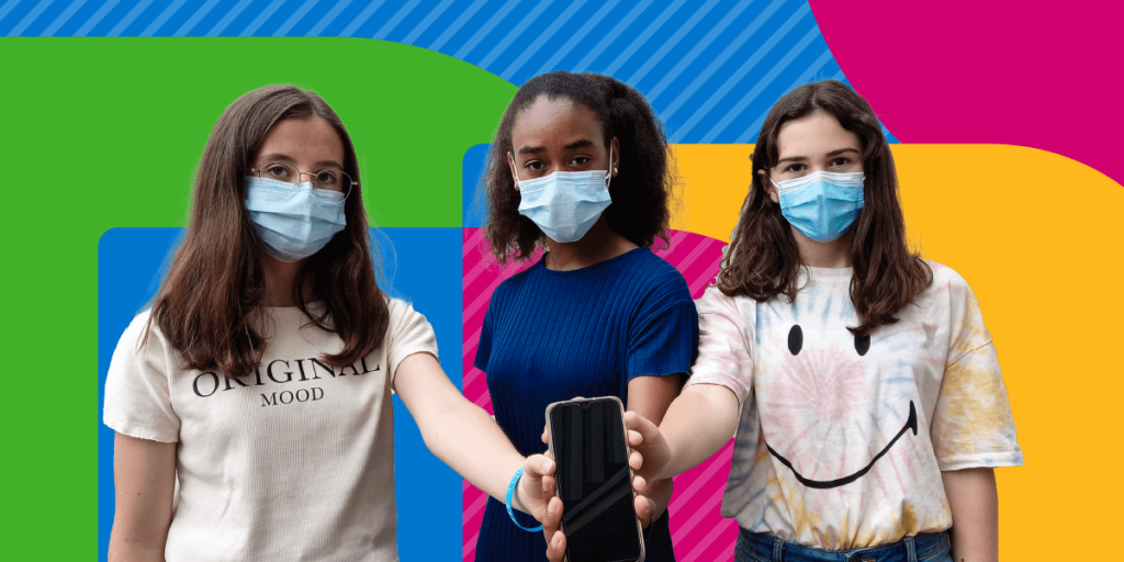 A colorful background with a collage of a Technovation Girls team in makes holding a phone towards the camera